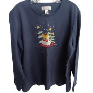 EUC CJ Banks 1X Navy Applique Winter Scene Heavy Cotton Sweatshirt